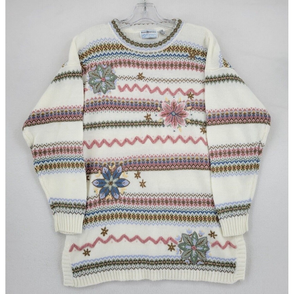 Vintage Womens Flower Striped Acrylic Knit Sweater Size M Maggie Lawrence  White